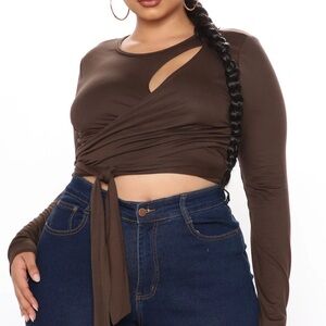 Fashion Nova Brown Long Sleeve Wrap Crop Blouse